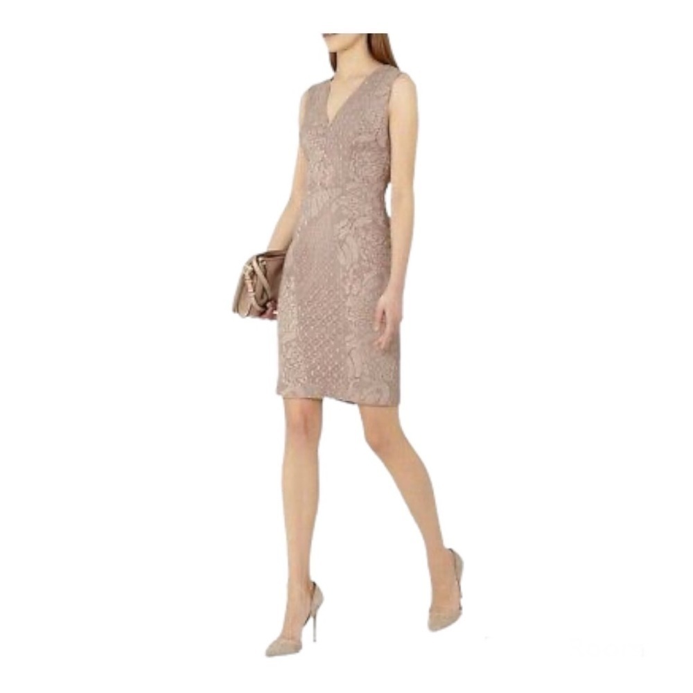 New Reiss Romy Lace Dress BODYCON V Neck Nude Neutral Sheath Wedding Party Sz 8